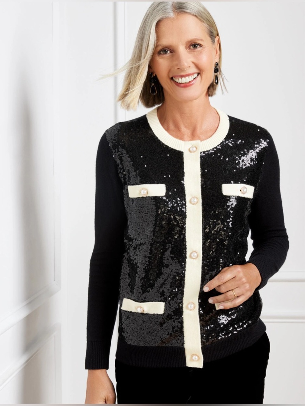 TALBOTS | Embellished Black Sequin Contrast-Trim Cardigan Sweater